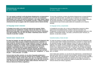 4
Orientacions per a la redacció
de cartes i menús
Orientaciones para la redacción
de cartas y menús
Tot i que aquest vocabulari conté abundoses designacions corresponents a
una gran diversitat de plats, és possible que no hi surti una combinació
determinada, que hi falti una paraula necessària o que calgui adaptar alguna
de les fórmules proposades a una necessitat concreta. L’objecte d’aquestes
orientacions és que us pugueu valer del vocabulari amb la màxima facilitat.
Un llenguatge normal i entenedor
La finalitat d’una carta o d’un menú de restaurant és exposar l’oferta
gastronòmica de l’establiment i facilitar l’elecció del client. Per tant, la
denominació dels plats i les especialitats ha de ser tan exacta i entenedora
com sigui possible. Si ho feu així, els dubtes i malentesos seran menors i
l’elecció un acte fàcil i amable.
Variants locals i maneres de dir
En totes les llengües, els plats més populars i les formes de preparació més
comunes solen rebre una gran varietat de denominacions i presentar un
ampli ventall de variants formals, d’origen dialectal o local. És el cas, per
exemple de paraules com tomata, tomaca, tomàquet tomàtiga o albergínia,
aubergínia o albergínia, en català, o de la diversitat entre les formes
angleses i americanes (tunny o tunna respectivament per “tonyina”).
Igualment, hi ha en totes les llengües diverses maneres de denominar o
descriure uns plats preparacions, o ingredients determinats per exemple
coeurs de palmier o choux palmistes, en francès, per “margallons”, o “arròs
de peix” i “arròs amb peix”, en català.
Incloure totes les dites variants, en una obra d’aquestes pretensions i
característiques fóra més causa de confusió que no d’utilitat, i sempre hi ha
el risc d’ometre’n alguna. Cal fer notar, però, que l’ús d’aquestes variants i
maneres de dir és perfectament adequat sempre que es faci amb correcció i
cura. (Pel que fa a les variants del català, podeu demanar informació a la
Direcció General de Política Lingüística.)
Aunque este vocabulario contiene abundantes designaciones correspondientes a
una gran variedad de platos, es posible que no aparezca una combinación
determinada, que falte una palabra necesaria o que haya que adaptar alguna de
las fórmulas propuestas a una necesidad concreta. El objeto de estas
orientaciones es que el lector pueda valerse del vocabulario con la máxima
facilidad.
Un lenguaje normal y comprensible
La finalidad de una carta o de un menú de restaurante es exponer la oferta
gastronómica del establecimiento y facilitar la elección del cliente. Por
consiguiente, la denominación de los platos y las especialidades debe ser lo más
exacta y comprensible posible. Las dudas y confusiones serán menores y la
elección, un acto fácil y amable.
Variantes locales y modos de decir
En todas las lenguas, los platos más populares y las formas de preparación más
comunes suelen recibir múltiples denominaciones y presentar un amplio abanico
de variantes formales, de origen dialectal o local. Es el caso, por ejemplo, de
palabras como tomata, tomaca, tomàquet, tomàtiga o albergínia aubergínia o
albergínia, en catalán o de la diversidad entre las formas inglesas y americanas
(tunny o tuna, respectivamente por “atún”). Asimismo, hay en todas las lenguas
varias formas de denominar o describir unos platos, preparaciones o ingredientes
determinados por ejemplo coeurs de palmier o choux o arròs de peix y arròs amb
peix, en catalán.
Incluir todas esas variantes, en una obra de las pretensiones y características de
ésta sería antes motivo de confusión que de utilidad y siempre se corre el riesgo
de omitir alguna. Hay que subrayar, sin embargo, que el uso de dichas variantes y
modismos es perfectamente adecuado siempre que se haga con corrección y
cuidado. (En cuanto a las variantes del catalán se puede pedir información a la
Direcció General de Política Lingüística.)
 
