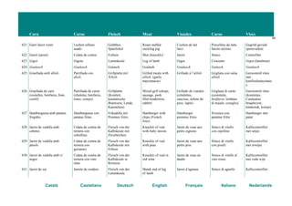Carn Carne Fleisch Meat Viandes Carne Vlees
68
Català Castellano Deutsch English Français Italiano Nederlands
621 Garrí farcit rostit Lechón relleno
asado
Gefülltes
Spanferkel
Roast stuffed
suckling pig
Cochon de lait
farci
Porcellino da latte
farcito arrosto
Gegrild gevuld
speenvarken
622 Garró (jarret) Culata de contra Eisbein Shin (knuckle) Jarret Stinco Contrefilet
623 Gigot Gigote Lammkeule Leg of lamb Gigot Cosciotto Gigot (lamsbout)
624 Goulasch Goulasch Gulasch Goulash Goulasch Gulasch Goulasch
625 Graellada amb allioli Parrillada con
alioli
Grillplatte mit
Allioli
Grilled meats with
allioli (garlic
mayonnaise)
Grillade à l’ailloli Grigliata con salsa
allioli
Geroosterd vlees
met
knoflookmayonais
e
626 Graellada de carn
(costelles, botifarra, llom,
conill)
Parrillada de carne
(chuletas, butifarra,
lomo, conejo)
Grillplatte
(Kotelett,
katalanische
Bratwurst, Lende,
Kaninchen)
Mixed grill (chops,
sausage, pork
fillet/tenderloin,
rabbit)
Grillade de viandes
(côtelettes,
saucisse, échine de
porc, lapin)
Grigliata di carne
(costolette,
botifarra, lombata
di maiale, coniglio)
Geroosterd vlees
(koteletjes,
Catalaanse
braadworst,
lendestuk, konijn)
627 Hamburguesa amb patates
fregides
Hamburguesa con
patatas fritas
Frikadelle mit
Pommes frites
Hamburger with
chips (French
fries)
Hamburger
pommes frites
Svizzera con
patatine fritte
Hamburger met
patat
628 Jarret de vedella amb
cebetes
Culata de contra de
ternera con
cebollitas
Fleisch von der
Kalbskeule mit
Zwiebelchen
Knuckle of veal
with baby onions
Jarret de veau aux
petits oignons
Stinco di vitello
con cipolline
Kalfscontrefilet
met uitjes
629 Jarret de vedella amb
pèsols
Culata de contra de
ternera con
guisantes
Fleisch von der
Kalbskeule mit
Erbsen
Knuckle of veal
with peas
Jarret de veau aux
petits pois
Stinco di vitello
con piselli
Kalfscontrefilet
met erwtjes
630 Jarret de vedella amb vi
negre
Culata de contra de
ternera con vino
tinto
Fleisch von der
Kalbskeule in
Rotwein
Knuckle of veal in
red wine
Jarret de veau en
daube
Stinco di vitello al
vino rosso
Kalfscontrefilet
met rode wijn
631 Jarret de xai Jarrete de cordero Fleisch von der
Lammkeule
Shank end of leg
of lamb
Jarret d’agneau Stinco di agnello Kalfscontrefilet
 