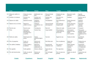 Carn Carne Fleisch Meat Viandes Carne Vlees
71
Català Castellano Deutsch English Français Italiano Nederlands
652 Mitjana de vedella a la
brasa
Chuleta de ternera
a la brasa
Kalbskotelett vom
Rost
Charcoal-broiled
veal chop
Côtelettes de veau
à la braise
Braciola di vitello
alla brace
Gegrilde
kalfscarbonade
653 Ossobuco a la milanesa Ossobuco a la
milanesa
Ossobuco auf
Mailänder Art
Ossobuco alla
milanesa
Osso-buco à la
milanaise
Ossobuco Ossobuco op z’n
Milanees
654 Palpissos de vedella Pupietas de ternera Entbeintes
Kalbfleisch
Veal paupiettes Jarret (désossé) de
veau
Stinchi (disossati)
di vitello
Ontbeend
kalfsvlees
655 Palpissos de xai a la brasa Pupietas de
cordero a la brasa
Entbeintes
Lammfleisch vom
Rost
Charcoal-broiled
lamb paupiettes
Jarret (désossé)
d’agneau grillé
Stinchi (disossati)
di agnello alla
brace
Geroosterd
ontbeend
lamsvlees
656 Pastís de carn Pastel de carne Fleischpastete Meat loaf Gâteau de viande Sformato di carne Vleespastei
657 Pilota Pilota (gran
albóndiga que
forma parte de la
escudella)
Falscher Hase Large meatball Pilota (boule de
viande hachée du
pot-au-feu)
Pilota (grossa
polpetta di carne
bollita
nell’escudella)
Pilota (grote
gehaktbal die deel
uitmaakt van de
Catalaanse pot-au-
feu)
658 Platillo de vedella Platillo (guiso) de
ternera
Platillo
(Kalbsfleischgeric
ht)
Veal stew Ragoût de veau Stufato di vitello KalfsPlatillo
(Stoofpot)
659 Porc a la pequinesa Cerdo a la
pequinesa
Schwein auf
Pekinger Art
Pork Pekin style Porc à la pékinoise Maiale alla
pechinese
Varkensvlees op
z’n Pekinees
660 Porc adobat a l'andalusa Cerdo en adobo a
la andaluza
Mariniertes
Schwein auf
andalusische Art
Seasoned pork
Andalusian style
Porc mariné à
l’andalouse
Maiale marinato
alla maniera
andalusa
Gemarineerd
varkensvlees op
z’n Andalusisch
661 Porc agredolç Cerdo agridulce Schwein süßsauer Sweet and sour
pork
Porc aigre-doux Maiale in
agrodolce
Varkensvlees
zoetzuur
662 Porc amb salsa de poma Cerdo con salsa de
manzana
Schwein mit
Apfelsoße
Pork with apple
sauce
Porc à la sauce aux
pommes
Maiale con salsa di
mele
Varkensvlees met
appelsaus
 