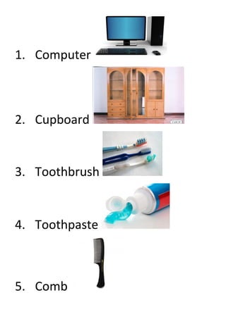 1. Computer
2. Cupboard
3. Toothbrush
4. Toothpaste
5. Comb
 