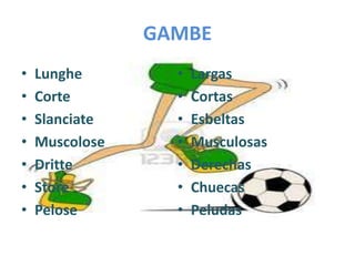 GAMBE
•   Lunghe        •   Largas
•   Corte         •   Cortas
•   Slanciate     •   Esbeltas
•   Muscolose     •   Musculosas
•   Dritte        •   Derechas
•   Store         •   Chuecas
•   Pelose        •   Peludas
 