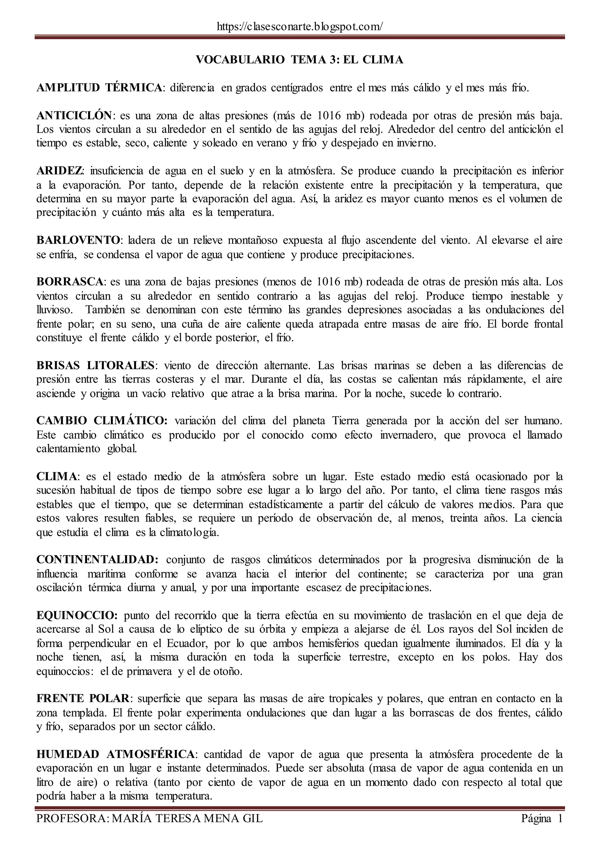 Vocabulario Tema 3 El Clima Hecho Vocabulario Tema 3 El Clima