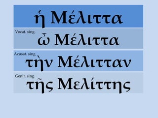 ἡ Μέλιττα ὦ Μέλιττα Vocat. sing. τὴν  Μέλιτταν Acusat. sing. τ ῆς Μελίττης Genit. sing. 
