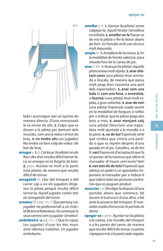19
A
19
vocabularideljocdepilota
apegar-se
lada i aconseguir així un quinze de
manera directa. D’una manronada
la va enviar als alts. 2. Colps que es
donen a la pilota per damunt dels
muscles, com ara la volea i el bot de
braç. 3. no tindre alts (un jugador)
No tindre un bon colp de volea i de
bot de braç.
amagar v.1. tr.Col·locar (la pilota) en els
llocs des d’on resulta difícil tornar-la.
La va amagar en la llotgeta de baix.
2. pron. Acostar-se molt a la paret
(una pilota), de manera que resulta
difícil de tornar.
amagatall m. Lloc del trinquet o del
carrer cap a on els jugadors dirigi-
xen la pilota perquè resulte difícil
tornar-la. Aquell jugador coneix tots
els amagatalls del carrer.
amateur [fr.] adj. i m. i f. Que pertany (un
jugador no professional) a un club i
té llicència federativa. Vacomençarla
seuacarreracomajugador‘amateur’.
ambidextre -a adj. i m. i f. Que és capaç
(un jugador) d’usar les dos mans
amb idèntica habilitat. Un jugador
ambidextre.
amollar v. tr. 1. Llançar (la pilota) sense
colpejar-la. Aquell feridor l’amollava
enrotllada.2. amollar-se-la Passar-se
de mà la pilota o fer-la botar abans
de ferir. Se l’amolla amb una tècnica
molt depurada.
ample m. 1. Amplària de la canxa. 2. En
la modalitat de frontó valencià, zona
situada fora de la canxa de joc.
anar v. intr. 1. Avançar (la pilota). Aquella
pilotaanavamoltràpida. 2. anar afai-
tant cares (una pilota) Anar arrima-
da a l’escala, de manera que passa
molt prop d’on s’assenta una part
dels espectadors. 3. anar com una
bala (o com una fona, o envestida,
o lluenta) (una pilota) Anar molt rà-
pida, a gran velocitat. 4. anar de roín
(una pilota) Expressió usada sovint
en la modalitat de llargues o ratlles
per a indicar que la pilota pega dos
bots o més. 5. anar menjant calç
(una pilota) Descriure una trajec-
tòria molt ajustada a la muralla o a
la paret. 6. va de bo! Expressió amb
què s’indica que s’inicia una parti-
da o que es reprén després d’una
parada en el joc. Cavallers, va de bo!
7. van! Expressió d’acceptació que fa
un postor de la travessa que oferix el
marxador. Al traure, cent euros! Van!
8. van tots els de tots! Expressió que
adreça un padrí o un apostador im-
portant al marxador per a indicar-li
que cobrix totes les postures contrà-
ries que es puguen produir.
anunciar v.tr.Divulgar la disputa (d’una
partida) abans que comence, bé
durant el transcurs d’una altra, o bé
amb la pissarra del trinquet. El mar-
xador acaba d’anunciar la partida de
demà.
apegar-se v. pron. Ajuntar-se (la pilota)
a la careta, a la muralla del trinquet
o a les parets del carrer, de manera
que resulte difícil de tornar. Lapilota
s’apegavamésalaparetcadavegada.
ALTS
 