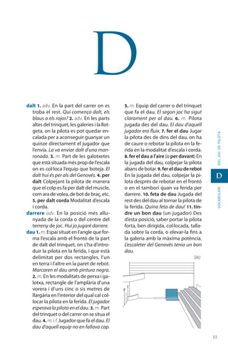 3333
vocabularideljocdepilota
D
D
dalt 1. adv. En la part del carrer on es
troba el rest. Qui comença dalt, els
blaus o els rojos? 2. adv. En les parts
altes del trinquet, les galeries i la llot-
geta, on la pilota es pot quedar en-
calada per a aconseguir guanyar un
quinze directament el jugador que
l’envia. La va enviar dalt d’una man-
ronada. 3. m. Part de les galotxetes
que està situada més prop de l’escala
on es col·loca l’equip que boteja. El
dalt hui és per als del Genovés. 4. per
dalt Colpejant la pilota de manera
que el colp es fa per dalt del muscle,
com ara de volea, de bot de braç, etc.
5. per dalt corda Modalitat d’escala
i corda.
darrere adv. En la posició més allu-
nyada de la corda o del centre del
terreny de joc. Hui jo jugaré darrere.
dau 1. m. Espai situat en l’angle que for-
ma l’escala amb el frontó de la part
de dalt del trinquet, on s’ha d’intro-
duir la pilota en la ferida, i que està
delimitat per dos rectangles, l’un
en terra i l’altre en la paret de rebot.
Marcaren el dau amb pintura negra.
2. m. En les modalitats de perxa i ga-
lotxa, rectangle de l’amplària d’una
vorera i d’uns cinc o sis metres de
llargària en l’interior del qual cal col·
locar la pilota en la ferida. El jugador
esperavalapilotaeneldau. 3. m. Part
del trinquet o del carrer on se situa el
dau. 4. m. i f.Jugador que fa el dau. El
dau d’aquell equip no en fallava cap.
5. m. Equip del carrer o del trinquet
que fa el dau. El segon joc ha sigut
clarament per al dau. 6.  m. Pilota
jugada des del dau. El dau d’aquell
jugador era fluix. 7. fer el dau Jugar
la pilota des de dins del dau, on ha
de caure o rebotar la pilota en la fe-
rida en la modalitat d’escala i corda.
8. fer el dau a l’aire (o per davant) En
la jugada del dau, colpejar la pilota
abans de botar. 9. fer el dau de rebot
En la jugada del dau, colpejar la pi-
lota després de rebotar en el frontó
o en el tamborí quan va ferida per
darrere. 10. feta de dau Jugada del
rest des del dau al tornar la pilota de
la ferida. Quina feta de dau! 11. tin-
dre un bon dau (un jugador) Des
d’esta posició, saber portar la pilota
forta, ben dirigida, col·locada, talla-
da sobre la corda, o elevar-la fins a
la galeria amb la màxima potència.
L’esca­leter del Genovés tenia un bon
dau.
dau
 