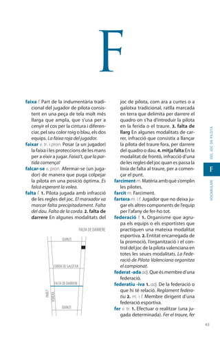 4343
vocabularideljocdepilota
f
f
faixa f. Part de la indumentària tradi­
cional del jugador de pilota consis-
tent en una peça de tela molt més
llarga que ampla, que s’usa per a
cenyir el cos per la cintura i diferen-
ciar, pel seu color roig o blau, els dos
equips. La faixa roja del jugador.
faixar v. tr. i pron. Posar (a un jugador)
la faixa i les proteccions de les mans
per a eixir a jugar. Faixa’t, que la par-
tida comença!
falcar-se v. pron. Afermar-se (un juga-
dor) de manera que puga col­pejar
la pilota en una posició òptima. Es
falcà esperant la volea.
falta f. 1. Pilota jugada amb infracció
de les regles del joc. El marxador va
marcar falta precipitadament. Falta
del dau. Falta de la corda. 2. falta de
darrere En algunes modalitats del
joc de pilota, com ara a curtes o a
galotxa tradicional, ratlla marcada
en terra que delimita per darrere el
quadro on s’ha d’introduir la pilota
en la ferida o el traure. 3. falta de
llarg En algunes modalitats de car-
rer, infracció que consistix a llançar
la pilota del traure fora, per darrere
del quadro o dau. 4. mitja falta En la
modalitat de frontó, infracció d’una
de les regles del joc quan es passa la
línia de falta al traure, per a comen-
çar el punt.
farciment m. Matèria amb què s’omplin
les pilotes.
farcit m. Farciment.
fartera m. i f. Jugador que no deixa ju-
gar els altres components de l’equip
per l’afany de fer-ho tot.
federació f. 1. Organisme que agru-
pa els equips o els esportistes que
practiquen una mateixa modalitat
esportiva. 2. Entitat encarregada de
la promoció, l’organització i el con-
trol del joc de la pilota valenciana en
totes les seues modalitats. La Fede-
ració de Pilota Valenciana organitza
el campionat.
federat -ada adj. Que és membre d’una
federació.
federatiu -iva 1. adj. De la federació o
que hi té relació. Reglament federa-
tiu 2. m. i f. Membre dirigent d’una
federació esportiva.
fer v. tr. 1. Efectuar o realitzar (una ju-
gada determinada). Fer el traure, fer
FALTA DE DARRERE
corda de galotxa
paret
vorera
falta de darrere
quinze
quinze
 