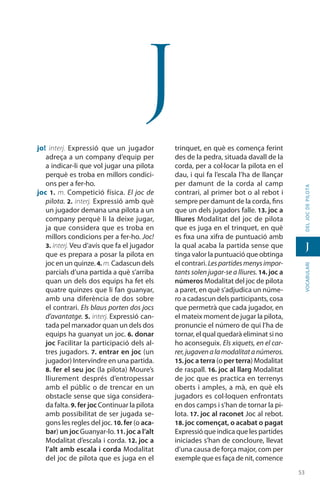 5353
vocabularideljocdepilota
J
J
jo! interj. Expressió que un jugador
adreça a un company d’equip per
a indicar-li que vol jugar una pilota
perquè es troba en millors condici-
ons per a fer-ho.
joc 1. m. Competició física. El joc de
pilota. 2. interj. Expressió amb què
un jugador demana una pilota a un
company perquè li la deixe jugar,
ja que considera que es troba en
millors condicions per a fer-ho. Joc!
3. interj. Veu d’avís que fa el jugador
que es prepara a posar la pilota en
joc en un quinze. 4. m.Cadascun dels
parcials d’una partida a què s’arriba
quan un dels dos equips ha fet els
quatre quinzes que li fan guanyar,
amb una diferència de dos sobre
el contrari. Els blaus porten dos jocs
d’avantatge. 5. interj. Expressió can-
tada pel marxador quan un dels dos
equips ha guanyat un joc. 6. donar
joc Facilitar la participació dels al-
tres juga­dors. 7. entrar en joc (un
jugador) Intervindre en una partida.
8. fer el seu joc (la pilota) Moure’s
lliurement després d’entropessar
amb el públic o de trencar en un
obstacle sense que siga considera-
da falta. 9. fer joc Continuar la pilota
amb possibilitat de ser jugada se-
gons les regles del joc. 10. fer (o aca-
bar) un joc Guanyar-lo.11. joc a l’alt
Modalitat d’escala i corda. 12. joc a
l’alt amb escala i corda Modalitat
del joc de pilota que es juga en el
trinquet, en què es comença ferint
des de la pedra, situada davall de la
corda, per a col·locar la pilota en el
dau, i qui fa l’escala l’ha de llançar
per damunt de la corda al camp
contrari, al primer bot o al rebot i
sempre per damunt de la corda, fins
que un dels jugadors falle. 13. joc a
lliures Modalitat del joc de pilota
que es juga en el trinquet, en què
es fixa una xifra de puntuació amb
la qual acaba la partida sense que
tinga valor la puntuació que obtinga
el contrari. Lespartidesmenysimpor-
tants solen jugar-se a lliures. 14. joc a
números Modalitat del joc de pilota
a paret, en què s’adjudica un núme-
ro a cadascun dels parti­cipants, cosa
que permetrà que cada jugador, en
el mateix moment de jugar la pilota,
pronuncie el número de qui l’ha de
tornar, el qual quedarà eliminat si no
ho aconseguix. Els xiquets, en el car-
rer,jugavenalamodalitatanúmeros.
15. joc a terra (o per terra) Modalitat
de raspall. 16. joc al llarg Modalitat
de joc que es practica en terrenys
oberts i amples, a mà, en què els
jugadors es col·lo­quen enfrontats
en dos camps i s’han de tornar la pi-
lota. 17. joc al raconet Joc al rebot.
18. joc començat, o acabat o pagat
Expressió que indica que les partides
iniciades s’han de concloure, llevat
d’una causa de força major, com per
exemple que es faça de nit, comence
 