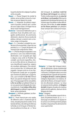 58
la parti­cularitat de colpejar la pilota
amb una pala.
llepar v. tr. Passar fregant (la corda) la
pilota, sense arribar a tocar-la. La pi-
lota va passar llepant la corda.
llevar v. tr. Impulsar (la pilota) esqui-
vant el punter contrari per a evitar
els seus colps d’atac. El mitger li la va
llevar molt intel·ligentment.
llicència f. Concessió federativa per a
practicar el joc de pilota com a ju-
gador professional, de promoció,
aficionat o alumne d’una escola de
pilota, o bé per a exercir com a mo-
nitor, jutge o trinqueter.
lligar v. 1. tr. Acordar o establir les con-
dicions (d’una partida). Lligarbéuna
partida. 2. pron. Cenyir (el guant) a la
monyica per mitjà de les vetes.
lloc m. 1. Porció d’espai assignada a una
persona o una cosa determinada,
desti­nada a ser ocupada per algú
o alguna cosa amb la finalitat de
complir una funció espe­cífica. Situ-
ar-se en el lloc del rest. 2. Situació, en
una clas­sificació esportiva, segons
els resultats obtin­guts. S’ha classifi-
cat en primer lloc. 3. Col·locació del
jugador. Sempre està en el seu lloc.
4. Expressió usada per un jugador
que reclama la pilota per a jugar-la.
Lloc, que la bade! 5. fer lloc Deixar
lliure una porció d’espai de manera
que s’hi puga jugar de bo una pilota.
6. fer-se un lloc (un pilotari) Situar-se
en una posició privilegiada de màxi-
ma distinció. 7. no trobar el lloc dins
deltrinquet (unpilotari)Jugardescol·
locat, sense orientació.
llonguesf.pl.Al Pinós, galotxes. Lesllon-
gues del Pinós.
llosa 1. f. Punt marcat per una rajola,
de diferent color o material que la
resta, situada prop de la corda i en la
banda del dau, des del qual s’efectua
la ferida en el trinquet. El feridor bo-
tava la pilota en la llosa. 2. f. pl. Terra
del trinquet. 3. conéixer molt bé
les lloses del trinquet (un pilotari)
Tindre molta experiència. 4. estar bé
en la llosa (o en la pedra) Efectuar la
jugada de la ferida perfectament, de
manera que l’escaleter trobe dificul-
tats per a fer el dau. 5. estar sempre
en les lloses precises (un pilotari)
Estar sempre ben col·locat en el joc.
llotgeta f. 1. Espai del trinquet desti-
nat als aficionats, situat a la dreta del
dau en l’angle que formen la muralla
i el frontó. La llotgeta oferix una vista
privile­giadaperagaudirdelapartida.
2. llotgeta de baix (o de les pilotes)
Llotgeta disposada a la mateixa al-
çària de les lloses, en la qual s’assen-
ten els aficionats entesos i se situa
el caixonet de les pilotes. 3. llotgeta
de dalt Llotgeta situada a la mateixa
alçària de les galeries, damunt de la
llotgeta de baix.
llotja f. Llotgeta.
local 1. adj.De la localitat o que hi té re-
lació. Els pilotaris locals. 2. adj. i m. i f.
Que juga (un pilotari o un equip) en
la canxa o en el trinquet de la pròpia
localitat. L’equiplocalhademostratla
seua superioritat.
llosa
llotgetadedalt
llotgetadebaix
 