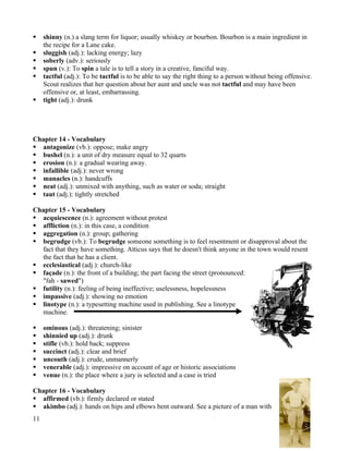    shinny (n.) a slang term for liquor; usually whiskey or bourbon. Bourbon is a main ingredient in
     the recipe for a Lane cake.
    sluggish (adj.): lacking energy; lazy
    soberly (adv.): seriously
    spun (v.): To spin a tale is to tell a story in a creative, fanciful way.
    tactful (adj.): To be tactful is to be able to say the right thing to a person without being offensive.
     Scout realizes that her question about her aunt and uncle was not tactful and may have been
     offensive or, at least, embarrassing.
    tight (adj.): drunk




Chapter 14 - Vocabulary
 antagonize (vb.): oppose; make angry
 bushel (n.): a unit of dry measure equal to 32 quarts
 erosion (n.): a gradual wearing away.
 infallible (adj.): never wrong
 manacles (n.): handcuffs
 neat (adj.): unmixed with anything, such as water or soda; straight
 taut (adj.): tightly stretched

Chapter 15 - Vocabulary
 acquiescence (n.): agreement without protest
 affliction (n.): in this case, a condition
 aggregation (n.): group; gathering
 begrudge (vb.): To begrudge someone something is to feel resentment or disapproval about the
  fact that they have something. Atticus says that he doesn't think anyone in the town would resent
  the fact that he has a client.
 ecclesiastical (adj.): church-like
 façade (n.): the front of a building; the part facing the street (pronounced:
  "fah - sawed")
 futility (n.): feeling of being ineffective; uselessness, hopelessness
 impassive (adj.): showing no emotion
 linotype (n.): a typesetting machine used in publishing. See a linotype
  machine.

    ominous (adj.): threatening; sinister
    shinnied up (adj.): drunk
    stifle (vb.): hold back; suppress
    succinct (adj.): clear and brief
    uncouth (adj.): crude, unmannerly
    venerable (adj.): impressive on account of age or historic associations
    venue (n.): the place where a jury is selected and a case is tried

Chapter 16 - Vocabulary
 affirmed (vb.): firmly declared or stated
 akimbo (adj.): hands on hips and elbows bent outward. See a picture of a man with
11
 