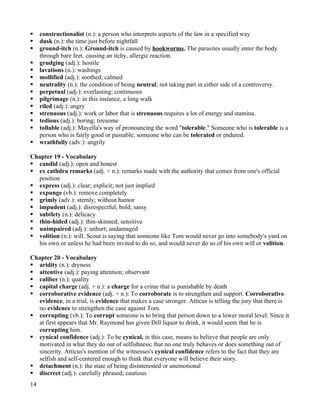     constructionalist (n.): a person who interprets aspects of the law in a specified way
    dusk (n.): the time just before nightfall
    ground-itch (n.): Ground-itch is caused by hookworms. The parasites usually enter the body
     through bare feet, causing an itchy, allergic reaction.
    grudging (adj.): hostile
    lavations (n.): washings
    mollified (adj.): soothed; calmed
    neutrality (n.): the condition of being neutral; not taking part in either side of a controversy.
    perpetual (adj.): everlasting; continuous
    pilgrimage (n.): in this instance, a long walk
    riled (adj.): angry
    strenuous (adj.): work or labor that is strenuous requires a lot of energy and stamina.
    tedious (adj.): boring; tiresome
    tollable (adj.): Mayella's way of pronouncing the word "tolerable." Someone who is tolerable is a
     person who is fairly good or passable; someone who can be tolerated or endured.
    wrathfully (adv.): angrily

Chapter 19 - Vocabulary
 candid (adj.): open and honest
 ex cathdra remarks (adj. + n.): remarks made with the authority that comes from one's official
  position
 express (adj.): clear; explicit; not just implied
 expunge (vb.): remove completely
 grimly (adv.): sternly; without humor
 impudent (adj.): disrespectful; bold; sassy
 subtlety (n.): delicacy
 thin-hided (adj.): thin-skinned; sensitive
 unimpaired (adj.): unhurt; undamaged
 volition (n.): will. Scout is saying that someone like Tom would never go into somebody's yard on
  his own or unless he had been invited to do so, and would never do so of his own will or volition.

Chapter 20 - Vocabulary
 aridity (n.): dryness
 attentive (adj.): paying attention; observant
 caliber (n.): quality
 capital charge (adj. + n.): a charge for a crime that is punishable by death
 corroborative evidence (adj. + n.): To corroborate is to strengthen and support. Corroborative
  evidence, in a trial, is evidence that makes a case stronger. Atticus is telling the jury that there is
  no evidence to strengthen the case against Tom.
 corrupting (vb.): To corrupt someone is to bring that person down to a lower moral level. Since it
  at first appears that Mr. Raymond has given Dill liquor to drink, it would seem that he is
  corrupting him.
 cynical confidence (adj.): To be cynical, in this case, means to believe that people are only
  motivated in what they do out of selfishness; that no one truly behaves or does something out of
  sincerity. Atticus's mention of the witnesses's cynical confidence refers to the fact that they are
  selfish and self-centered enough to think that everyone will believe their story.
 detachment (n.): the state of being disinterested or unemotional
 discreet (adj.): carefully phrased; cautious
14
 