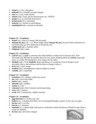     fraud (n.): a lie; a deception
    indicted (vb.): formally accused; charged
    iota (n.): a very small amount
    minute (adj.): exact; precise (pronounced: my - NEWT)
    pauper (n.): an extremely poor person
    perpetrated (vb.): committed
    temerity (n.): foolish or rash boldness
    unmitigated (adj.): out-and-out absolute




Chapter 21 - Vocabulary
 acquit (vb.): clear of a charge; find not guilty
 charged the jury (vb. + n.): When Judge Taylor charges the jury, he gives them instructions in
  law before they go off to deliberate or decide the case
 exhilarated (adj.): cheerful, merry
 indignant (adj.): angry

Chapter 22 - Vocabulary
 cynical (adj.): a cynic is someone who often belittles or makes fun of someone else. Aunt
  Alexandra tells Dill that his remarks about his own Aunt's drinking habits are cynical, especially
  since, as a child, Dill should have more respect for his elders.
 fatalistic (adj.): To be fatalistic about something is to accept the event as though it were
  inevitable; that is, that nothing could be done to change or alter it.
 feral (adj.): wild; savage
 heathen (adj.): unenlightened; without religion or morals
 ruefully (adv.): regretfully

Chapter 23 - Vocabulary
 commutes (vb.): changes; makes less severe
 dry (adj.): clever but subtle
 furtive (adj.): sneaky
 infantile (adj.): childish
 statute (n.): law
 vehement (adj.): full of emotion and strong feeling
 wary (adj.): cautious
 wryly (adv.): humorously; slightly sarcastic

Chapter 24 - Vocabulary
 apprehension (n.): In this case, fear
 bellows (n.): a machine that allows air to be pumped through a system; in this case, an organ
 bovine (adj.): cow-like
 brevity (n.): shortness
 charlotte (n.): a desert made with fruit in a mold that is lined with pieces of bread or cake. Read a
  recipe for charlotte.
 devout (adj.): devoted to religion
15
 