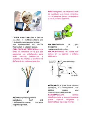 TWISTE PAIR CABLE=is a form of
conection in wichtwoinsulators are
interlacedtohavelowerinterference
and increasepower and reduce
thecrosstalk of adjacent cables.
CABLE DE PAR TRENZADO=es una
forma de coneccion en la que dos
aisladores son entrelazados para
tener menores interferncias y
aumentar la potencia y disminuir la
diafonía de los cables adyacentes.
V
VIRUS=computerprogramthat
reproduces itself and
interfereswithcomputer hardware
oroperatingsystem.
VIRUS=programa del ordenador que
se reproduce a si mismo e interfiere
con el hardware de una computadora
o con su sistema operativo.
VOLTAGE=amount of volts
thatoperate in a
deviceorelectronicsystem.
VOLTAJE=cantidad de voltios que
actúan en un aparato o sistema
electrónico.
WEBCAM=is a small digital camera
connected, to a computerwich can
capture images and
transmitthemthroung internet.
CÁMARA=pequeña cámara
digitalconectada a una computadora,
puede capturar imágenes y
transmitirlas a través de internet.
 