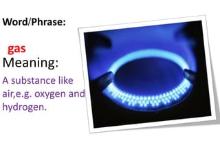 gas
Meaning:
A substance like
air,e.g. oxygen and
hydrogen.
Word/Phrase:
 