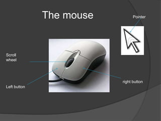 The mouse         Pointer




Scroll
wheel




                          right button
Left button
 