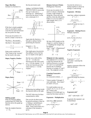 Slope: Rise/Run                          the line previously used.                     Distance between 2 Points            Can also be solved, as a
increase in y/increase in x                                                            (Pythagorean Theorem)                backup method or check, by
                                         Adding 2 AFTER/OUTSIDE                                                             letting a=2 and solving.
                 y         ↓slope        THE FUCTION 2x moves the                      Given any two points ((1,2)
                       y = 2x + 1        line up 2 to the new y-                       and (3,1) choose a third point       Exponents – Division
         ↑                               intercept of 2. Subtracting 2                 to make a right triangle by
    Rise ↑                               moves the line down 2 to the                  taking the x from one point          same base, subtract exponents
             1       → Run               new y-intercept of -2:                        and the y from the other point.             a4 ÷ a2 =
                                  x                                                    Either (1,1) or (3,2) makes a
                                                             y                         right triangle, but (1,1) is               a•a •a•a
                                                                                                                                −−−−−−−−−−−− =
                                                                      y = 2x + 2       shown below.                                    a•a
                                                        +2            y = 2x                                                cancel all except two top a’s
                                                                      y = 2x - 2                     y                                  a2 =
If the line is clearly graphed,                                                                          (1,2)                         a4-2
often it’s possible to easily                                                      x
count the rise and run between                                                                                              Exponents – Raising Powers
any two points for slope.                                                                                (1,1)    (3,1)     Multiply exponents
                                                                 -2
                                                                                                                     x
Given any two points (1,3)                                                                                                          (a3 )2 =
and (0,1) slope is rise/run or:                                                                                             (a • a • a) • ( a • a • a )
                                         Again take the function y = 2x                                                                 a6 =
The first y – the second y               but add or subtract before                    the legs of the triangle are the              a 3● 2
−−−−−−−−−−−−−−−−−− =
The first x – the second x               performing the function:                      change in x and the change in
                                                                                       y. Graphing the triangle may              a3 • a2 ≠ (a3 )2
      3–1                                Original: y = 2x                              be skipped.                                  a5 ≠      a6
−−−−−−−−−−−−−−−−−− = 2
      1–0                                   New: y = 2(x+2)                            (leg)2 + (leg)2 = (Hypotenuse)2
                                                                                         (1)2 + (2)2 = (h)2                 Negative Exponents
Either point could be the                One might guess (incorrectly)                            5 = (h)2
“first” point or the “second,”           that adding 2 moves the line                             _                                1              1
but the result is the same.              up 2 or maybe to the right 2.                           √5 = h                     a–1 = −−       a–2 = −−
                                                                                                                                   a              a2
Slopes, Negative, Positive               But the curve shifts left by                  Midpoint of a line segment.
                                         two. X = –2 in the new                        The midpoint of (1,1) to (3,7)       In general a–b = 1/ ab
            y                                                                                                               (put under 1 and drop the
                                         function gives the same result                is half way between the Xs
                                         as x = 0 in the original. X = 0               (halfway between or average          negative)
                          Slope + 1
                                         in the new function gives the                 of 1 and 3 is 2) and halfway         negative exponents follow the
                                         same result as x = 2 in the                   between the Ys (halfway              rules for division
                                  x      original.                                     between or average of 1 and 7
                                                                                       is 4). The midpoint is (2,4).                   a2 ÷ a4 =
                        Slope – 1                            y
                                                                                       Counting Consecutive                            a•a
                                         y = 2(x+2)                   y = 2x           Integers                                 −−−−−−−−−−−− =
                                                                                                                                   a•a•a•a
Slopes, flatter                                          ←                             (or consecutive tickets….)           cancel all except two bottom
              y                                  -2                                                                         a’s
                                                                                   x   Tickets number 9 through 15                  1             1
                                                                                                                                −−−−−− = −−−−−− =
                        Slope + 1/2                 ←                                  were sold today. How many?                 a•a             a2
                                                                                       It’s NOT 15-9 or 6.
                                                ←                                                                                       a2–4 =
                                  x                                                    For small numbers one can
                                         Subtracting (not adding) inside               count 9, 10, 11, 12, 13, 14, 15                  a–2
                      Slope – 1/2        the function shifts to the right.             for 7 tickets sold.
                                                                                       Subtract (15-9) AND add 1 to         Exponents (ab)2
                                         The SAT often tests for these                 count the first ticket sold for 7.
                                         counterintuitive shifts.                                                             (ab)2 = (ab) • (ab) = a2b2
Shifting graphs                                                                        Exponents – Multiplication
With any function adding                 One can also do these point-                                                       In general, the exponent can
(subtracting) OUTSIDE the                by-point by picking a value for               same base, add exponents             be distributed:
function moves the graph up              x, finding y, and plotting to                          a3 • a2 =
(down).                                  see which way the curve                       (a • a • a) • ( a • a ) =                  (ab)k = akbk
                                         shifts. Some can be done on a                             a5 =
                                                                                                   3+2
Take the simplest function:              calculator if the formula is                            a
 y = 2x,                                 given.
                                                                      Page 5
                      My Advanced SAT Math Seminar, now on DVD, shows how to solve hard SAT math with these notes. FreeVocabulary.com
 