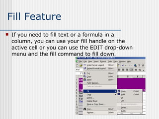 Fill Feature If you need to fill text or a formula in a column, you can use your fill handle on the active cell or you can use the EDIT drop-down menu and the fill command to fill down. 