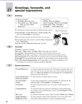 Greetings, farewells, and
special expressions
A Greetings
Neutral to formal: Less formal:
A: Hi./Hello. How are you? A: Hi/Hey. How are things? /
B: Fine, thank you. / Fine, thanks. How’s it going? / How’re you doing?
. . . How are you? / How B: Pretty good. / OK. / All right. /
about you? I’m good. . . . How about you?
We sometimes use these greetings at different times of day:
Good morning. / Good afternoon. / Good evening. [We
don’t use Good night as a greeting.]
When meeting someone for the ﬁrst time, we can say:
Nice to meet you. [The answer could be Nice to meet you
too. / Same here.]
How do you do? / Pleased to meet you. (formal)
B Farewells
Good-bye. (neutral to formal)
Take care. / Take it easy. / So long. / Bye. / See you. (less formal)
See you later. / See you soon. [if you plan to see someone again, soon]
Good/Nice to see you. [a greeting or a farewell to someone you already know]
Nice meeting you. [to say good-bye to someone you’ve just met for the ﬁrst time]
Good night. [to say good-bye late at night or if one or both of you is going to bed]
Have a nice day/evening/weekend. [to say good-bye to a friend or colleague or to
a customer in a store; the response could be: You too.]
C Special expressions
56
UNIT
27
Nice to meet you.
Same here.
Excuse/Pardon me. (a) To get someone’s attention. (b) To get past someone who is in
your way. (c) To say you are sorry, e.g., if you stand on someone’s
foot. [or: I beg your pardon.] (d) Say Excuse me (not Pardon me)
before you leave the room.
Excuse/Pardon me? / To ask someone to repeat what was said.
I beg your pardon?
To your health. / A toast when people have a drink together. It could also be To
Cheers. your new job. / To friendship. / To romance. etc.
Good luck! To wish someone success, e.g., on exams / a job interview / a
contest.
Congratulations. To someone who has achieved something or had good fortune,
e.g., found a job, graduated, got a raise. Also Good job! or Nice
going! (informal)
Bless you. To someone when they sneeze. They can reply: Thank you. / Thanks.
Happy birthday. / To wish someone well on their birthday / on or soon after New
Happy New Year. Year’s Day (often printed or written on greeting cards).
© Cambridge University Press www.cambridge.org
Cambridge University Press
978-0-521-63478-6 - Vocabulary in Use Intermediate
Stuart Redman
Excerpt
More information
 
