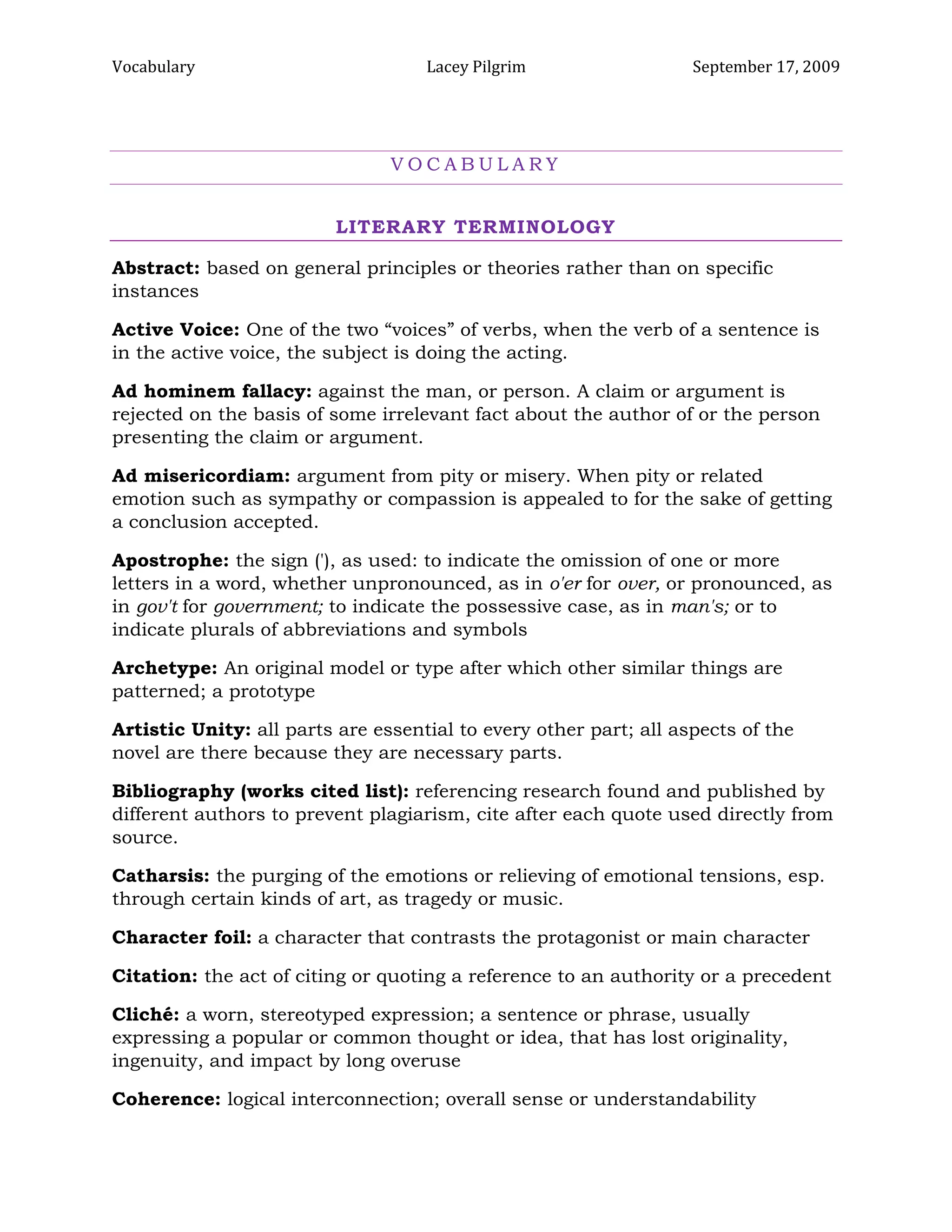 Vocabulary Lacey Pilgrim | DOCX