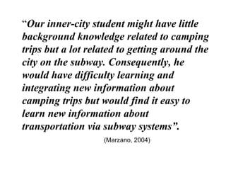 “ Our inner-city student might have little background knowledge related to camping trips but a lot related to getting around the city on the subway. Consequently, he would have difficulty learning and integrating new information about camping trips but would find it easy to learn new information about transportation via subway systems”. (Marzano, 2004) 