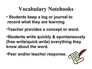 Vocabulary Notebooks Students keep a log or journal to  record what they are learning Teacher provides a concept or word. Students write quickly & spontaneously (free write/quick write) everything they know about the word. Peer and/or teacher response. 