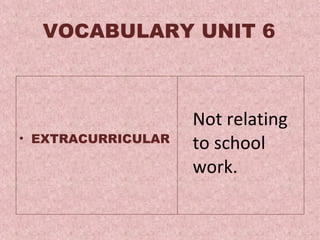 VOCABULARY UNIT 6 EXTRACURRICULAR   Not relating to school work.  