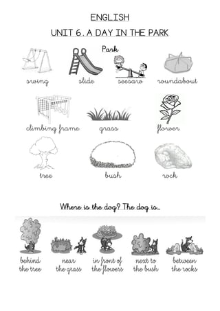 ENGLISH
UNIT 6. A DAY IN THE PARK
Park
swing slide seesaw roundabout
climbing frame grass flower
tree bush rock
Where is the dog? The dog is…
 
