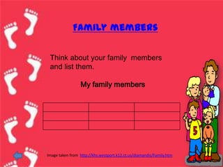 Family members

 Think about your family members
 and list them.

                 My family members




Image taken from http://khs.westport.k12.ct.us/diamandis/Family.htm
 