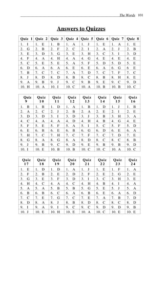 The Words 101
Answers to Quizzes
Quiz 1 Quiz 2 Quiz 3 Quiz 4 Quiz 5 Quiz 6 Quiz 7 Quiz 8
1. I 1. E 1. B 1. A 1. J 1. E 1. A 1. E
2. G 2. B 2. F 2. C 2. I 2. A 2. J 2. B
3. E 3. D 3. G 3. E 3. H 3. C 3. I 3. D
4. F 4. A 4. H 4. A 4. G 4. E 4. E 4. E
5. C 5. E 5. E 5. A 5. F 5. D 5. D 5. E
6. D 6. A 6. A 6. E 6. E 6. A 6. G 6 E
7. B 7. C 7. C 7. A 7. D 7. C 7. F 7. C
8. J 8. D 8. D 8. B 8. C 8. B 8. H 8. E
9. A 9. B 9. J 9. C 9. B 9. E 9. C 9. D
10. H 10. A 10. I 10. C 10. A 10. B 10. B 10. C
Quiz
9
Quiz
1 0
Quiz
1 1
Quiz
1 2
Quiz
1 3
Quiz
1 4
Quiz
1 5
Quiz
1 6
1. B 1. B 1. D 1. A 1. B 1. D 1. J 1. B
2. A 2. C 2. J 2. B 2. A 2. E 2. I 2. E
3. D 3. D 3. I 3. D 3. J 3. B 3. H 3. A
4. C 4. A 4. A 4. D 4. H 4. B 4. G 4. E
5. F 5. E 5. F 5. A 5. I 5. C 5. F 5. D
6. E 6. B 6. E 6. B 6. G 6. D 6. E 6. A
7. H 7. C 7. H 7. C 7. F 7. C 7. D 7. E
8. G 8. A 8. G 8. A 8. D 8. C 8. C 8. B
9. J 9. B 9. C 9. D 9. E 9. B 9. B 9. D
10. I 10. E 10. B 10. B 10. C 10. C 10. A 10. C
Quiz
1 7
Quiz
1 8
Quiz
1 9
Quiz
2 0
Quiz
2 1
Quiz
2 2
Quiz
2 3
Quiz
2 4
1. E 1. D 1. D 1. A 1. J 1. E 1. F 1. A
2. F 2. B 2. E 2. D 2. F 2. E 2. G 2. E
3. G 3. E 3. F 3. D 3. I 3. C 3. H 3. E
4. H 4. C 4. A 4. C 4. H 4. B 4. I 4. A
5. A 5. A 5. B 5. B 5. G 5. E 5. J 5. A
6. B 6. B 6. C 6. A 6. B 6. E 6. A 6. D
7. C 7. E 7. G 7. C 7. E 7. A 7. B 7. D
8. D 8. A 8. J 8. B 8. D 8. C 8. C 8. D
9. I 9. A 9. I 9. C 9. C 9. D 9. D 9. B
10. J 10. E 10. H 10. E 10. A 10. C 10. E 10. E
 