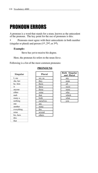 118 Vocabulary 4000
PRONOUN ERRORS
A pronoun is a word that stands for a noun, known as the antecedent
of the pronoun. The key point for the use of pronouns is this:
• Pronouns must agree with their antecedents in both number
(singular or plural) and person (1st, 2nd, or 3rd).
Example:
Steve has yet to receive his degree.
Here, the pronoun his refers to the noun Steve.
Following is a list of the most common pronouns:
PRONOUNS
Singular Plural
Both Singular
and Plural
I, me we, us any
she, her they none
he, him them all
it these most
anyone those more
either some who
each that which
many a both what
nothing ourselves you
one any
another many
everything few
mine several
his, hers others
this
that
 