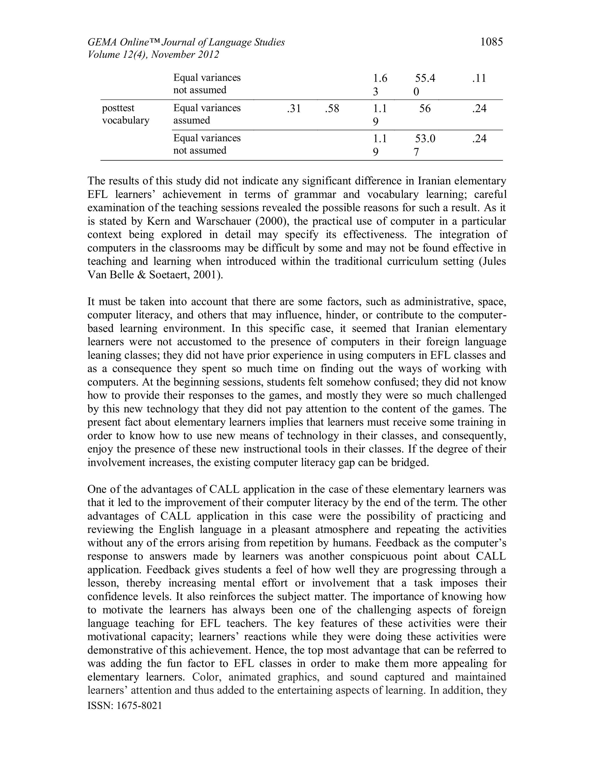 GEMA Online™ Journal of Language Studies 1085
Volume 12(4), November 2012
ISSN: 1675-8021
Equal variances
not assumed
1.6
3
55.4
0
.11
posttest
vocabulary
Equal variances
assumed
.31 .58 1.1
9
56 .24
Equal variances
not assumed
1.1
9
53.0
7
.24
The results of this study did not indicate any significant difference in Iranian elementary
EFL learners’ achievement in terms of grammar and vocabulary learning; careful
examination of the teaching sessions revealed the possible reasons for such a result. As it
is stated by Kern and Warschauer (2000), the practical use of computer in a particular
context being explored in detail may specify its effectiveness. The integration of
computers in the classrooms may be difficult by some and may not be found effective in
teaching and learning when introduced within the traditional curriculum setting (Jules
Van Belle & Soetaert, 2001).
It must be taken into account that there are some factors, such as administrative, space,
computer literacy, and others that may influence, hinder, or contribute to the computer-
based learning environment. In this specific case, it seemed that Iranian elementary
learners were not accustomed to the presence of computers in their foreign language
leaning classes; they did not have prior experience in using computers in EFL classes and
as a consequence they spent so much time on finding out the ways of working with
computers. At the beginning sessions, students felt somehow confused; they did not know
how to provide their responses to the games, and mostly they were so much challenged
by this new technology that they did not pay attention to the content of the games. The
present fact about elementary learners implies that learners must receive some training in
order to know how to use new means of technology in their classes, and consequently,
enjoy the presence of these new instructional tools in their classes. If the degree of their
involvement increases, the existing computer literacy gap can be bridged.
One of the advantages of CALL application in the case of these elementary learners was
that it led to the improvement of their computer literacy by the end of the term. The other
advantages of CALL application in this case were the possibility of practicing and
reviewing the English language in a pleasant atmosphere and repeating the activities
without any of the errors arising from repetition by humans. Feedback as the computer’s
response to answers made by learners was another conspicuous point about CALL
application. Feedback gives students a feel of how well they are progressing through a
lesson, thereby increasing mental effort or involvement that a task imposes their
confidence levels. It also reinforces the subject matter. The importance of knowing how
to motivate the learners has always been one of the challenging aspects of foreign
language teaching for EFL teachers. The key features of these activities were their
motivational capacity; learners’ reactions while they were doing these activities were
demonstrative of this achievement. Hence, the top most advantage that can be referred to
was adding the fun factor to EFL classes in order to make them more appealing for
elementary learners. Color, animated graphics, and sound captured and maintained
learners’ attention and thus added to the entertaining aspects of learning. In addition, they
 
