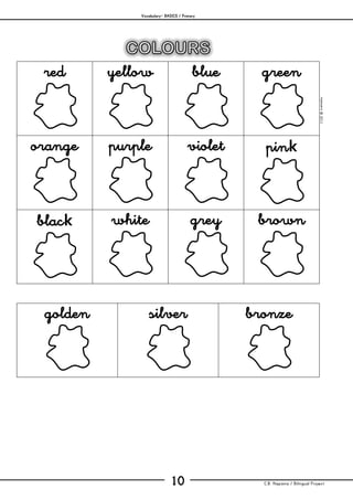 Vocabulary– BASICS / Primary
C.B. Hispania / Bilingual Project10
mjesusra©2011
red yellow blue green
orange purple violet pink
black white grey brown
golden silver bronze
 
