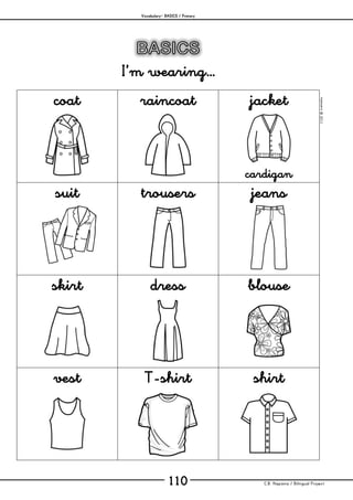 Vocabulary– BASICS / Primary
C.B. Hispania / Bilingual Project110
mjesusra©2011
I’m wearing…
coat raincoat jacket
cardigan
suit trousers jeans
skirt dress blouse
vest T-shirt shirt
 