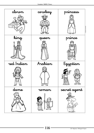 Vocabulary– BASICS / Primary
C.B. Hispania / Bilingual Project116
mjesusra©2011
clown cowboy princess
king queen prince
red Indian Arabian Egyptian
dame roman secret agent
 