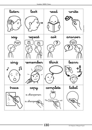 Vocabulary– BASICS / Primary
C.B. Hispania / Bilingual Project130
mjesusra©2011
listen look read write
say repeat ask answer
sing remember think learn
trace copy complete label
 