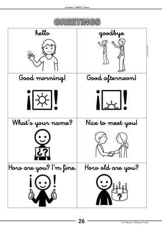 Vocabulary– BASICS / Primary
C.B. Hispania / Bilingual Project26
mjesusra©2011
hello goodbye
Good morning! Good afternoon!
What’s your name? Nice to meet you!
How are you? I’m fine. How old are you?
 