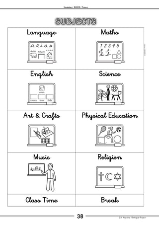 Vocabulary– BASICS / Primary
C.B. Hispania / Bilingual Project38
mjesusra©2011
Language Maths
English Science
Art & Crafts Physical Education
Music Religion
Class Time Break
 