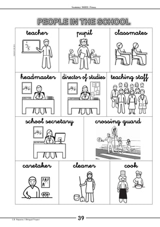 Vocabulary– BASICS / Primary
C.B. Hispania / Bilingual Project 39
mjesusra©2011
teacher pupil classmates
headmaster director of studies teaching staff
school secretary crossing guard
caretaker cleaner cook
 
