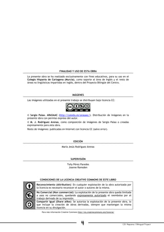 Vocabulary– BASICS / Primary
C.B. Hispania / Bilingual Project4
mjesusra©2011
FINALIDAD Y USO DE ESTA OBRA
La presente obra se ha realizado exclusivamente con fines educativos, para su uso en el
Colegio Hispania de Cartagena (Murcia), como soporte al área de Inglés y el resto de
áreas no lingüísticas impartidas en inglés, dentro del Proyecto Bilingüe del Centro.
IMÁGENES
Las imágenes utilizadas en el presente trabajo se distribuyen bajo licencia CC:
© Sergio Palao. ARASAAC (http://catedu.es/arasaac/). Distribución de imágenes en la
presente obra con permiso expreso del autor.
© M. J. Rodríguez Arenas, como composición de imágenes de Sergio Palao o creadas
expresamente para esta obra.
Resto de imágenes: publicadas en Internet con licencia CC (salvo error).
EDICIÓN
María Jesús Rodríguez Arenas
SUPERVISIÓN
Toñy Pérez Paredes
Joanne Ramsden
CONDICIONES DE LA LICENCIA CREATIVE COMMONS DE ESTE LIBRO
Reconocimiento (Attribution): En cualquier explotación de la obra autorizada por
la licencia es necesario reconocer el autor o autores de la misma.
No Comercial (Non commercial): La explotación de la presente obra queda limitada
a usos no comerciales, quedando expresamente autorizado el reembolso por el
trabajo derivado de su impresión.
Compartir Igual (Share alike): Se autoriza la explotación de la presente obra, lo
que incluye la creación de obras derivadas, siempre que mantengan la misma
licencia en su divulgación.
Para más información Creative Commons http://es.creativecommons.org/licencia/
 