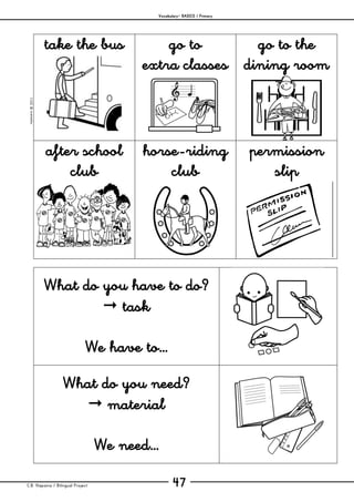 Vocabulary– BASICS / Primary
C.B. Hispania / Bilingual Project 47
mjesusra©2011
take the bus go to
extra classes
go to the
dining room
after school
club
horse-riding
club
permission
slip
What do you have to do?
 task
We have to…
What do you need?
 material
We need…
 