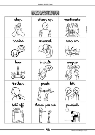 Vocabulary– BASICS / Primary
C.B. Hispania / Bilingual Project48
mjesusra©2011
clap cheer up motivate
praise award step on
boo insult argue
bother push hit
tell off throw you out punish
 