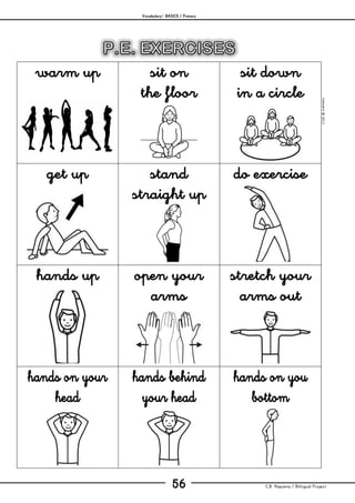 Vocabulary– BASICS / Primary
C.B. Hispania / Bilingual Project56
mjesusra©2011
warm up sit on
the floor
sit down
in a circle
get up stand
straight up
do exercise
hands up open your
arms
stretch your
arms out
hands on your
head
hands behind
your head
hands on you
bottom
 