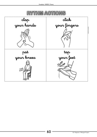 Vocabulary– BASICS / Primary
C.B. Hispania / Bilingual Project60
mjesusra©2011
clap
your hands
click
your fingers
pat
your knees
tap
your feet
 