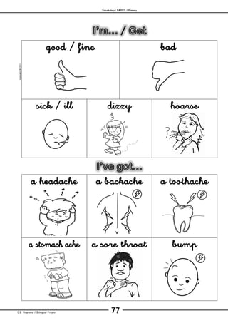 Vocabulary– BASICS / Primary
C.B. Hispania / Bilingual Project 77
mjesusra©2011
good / fine bad
sick / ill dizzy hoarse
a headache a backache a toothache
a stomach ache a sore throat bump
 