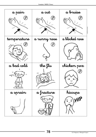 Vocabulary– BASICS / Primary
C.B. Hispania / Bilingual Project78
mjesusra©2011
a pain a cut a bruise
temperature a runny nose a blocked nose
a bad cold the flu chicken pox
a sprain a fracture hiccups
 