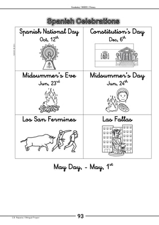Vocabulary– BASICS / Primary
C.B. Hispania / Bilingual Project 93
mjesusra©2011
Spanish National Day
Oct, 12th
Constitution’s Day
Dec, 6th
Midsummer’s Eve
Jun, 23rd
Midsummer’s Day
Jun, 24th
Los San Fermines Las Fallas
May Day, - May, 1st
 
