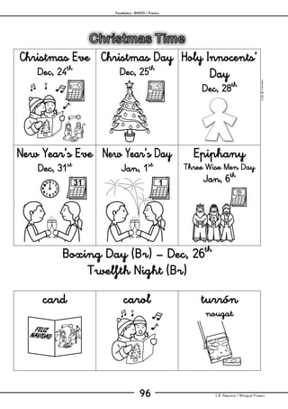 Vocabulary– BASICS / Primary
C.B. Hispania / Bilingual Project96
mjesusra©2011
Christmas Eve
Dec, 24th
Christmas Day
Dec, 25th
Holy Innocents’
Day
Dec, 28th
New Year’s Eve
Dec, 31st
New Year’s Day
Jan, 1st
Epiphany
Three Wise Men Day
Jan, 6th
Boxing Day (Br) – Dec, 26th
Twelfth Night (Br)
card carol turrón
nougat
 