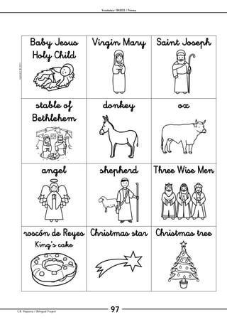 Vocabulary– BASICS / Primary
C.B. Hispania / Bilingual Project 97
mjesusra©2011
Baby Jesus
Holy Child
Virgin Mary Saint Joseph
stable of
Bethlehem
donkey ox
angel shepherd Three Wise Men
roscón de Reyes
King’s cake
Christmas star Christmas tree
 