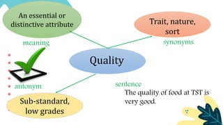 Quality
Trait, nature,
sort
An essential or
distinctive attribute
Sub-standard,
low grades
meaning synonyms
antonym sentence
The quality of food at TST is
very good.
 