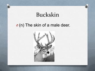Buckskin
O (n) The skin of a male deer.
 