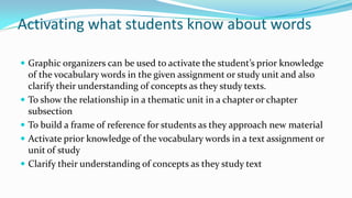 Activating what students know about words
 Graphic organizers can be used to activate the student’s prior knowledge







of the vocabulary words in the given assignment or study unit and also
clarify their understanding of concepts as they study texts.
To show the relationship in a thematic unit in a chapter or chapter
subsection
To build a frame of reference for students as they approach new material
Activate prior knowledge of the vocabulary words in a text assignment or
unit of study
Clarify their understanding of concepts as they study text

 